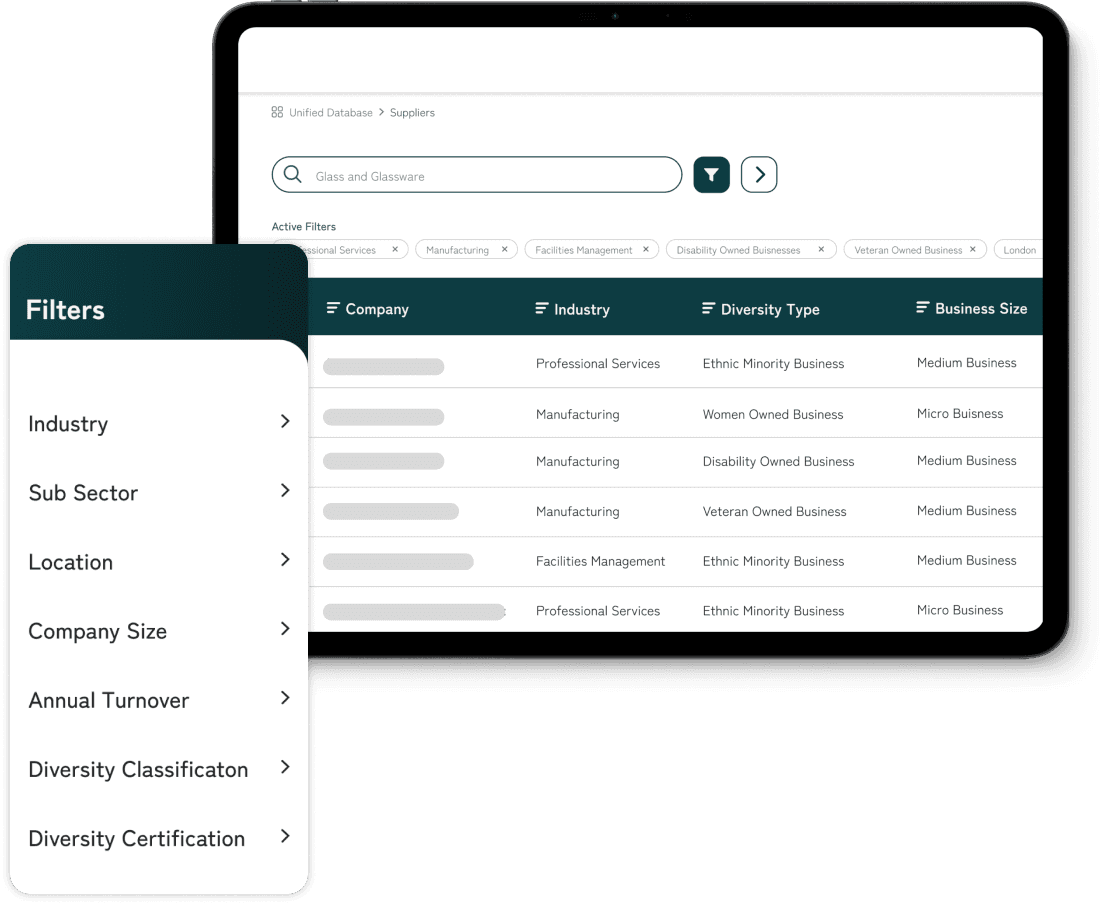 GoDiverse unified database dashboard showing diverse supplier search and filtering capabilities